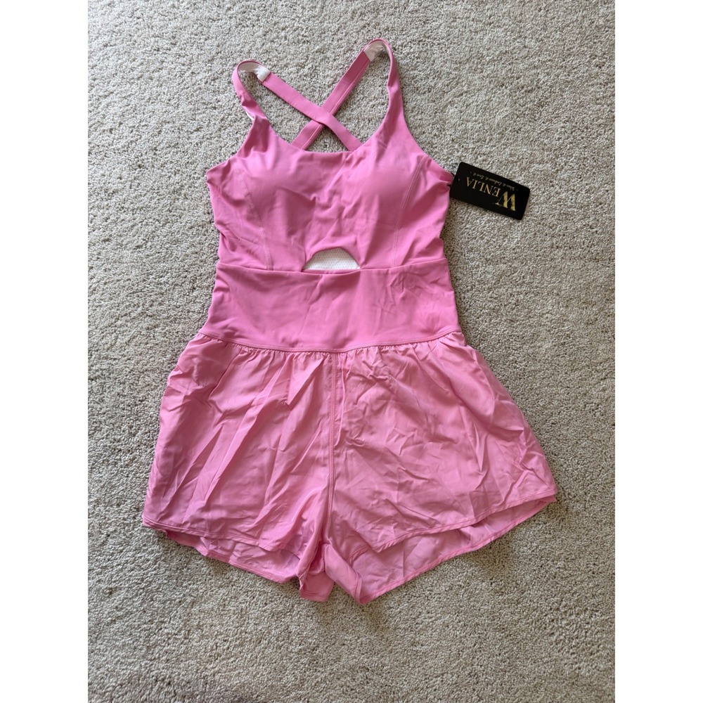 Wenlia Pink Athletic Romper Exercise Dress Built-in Shorts Cutout Small NWT